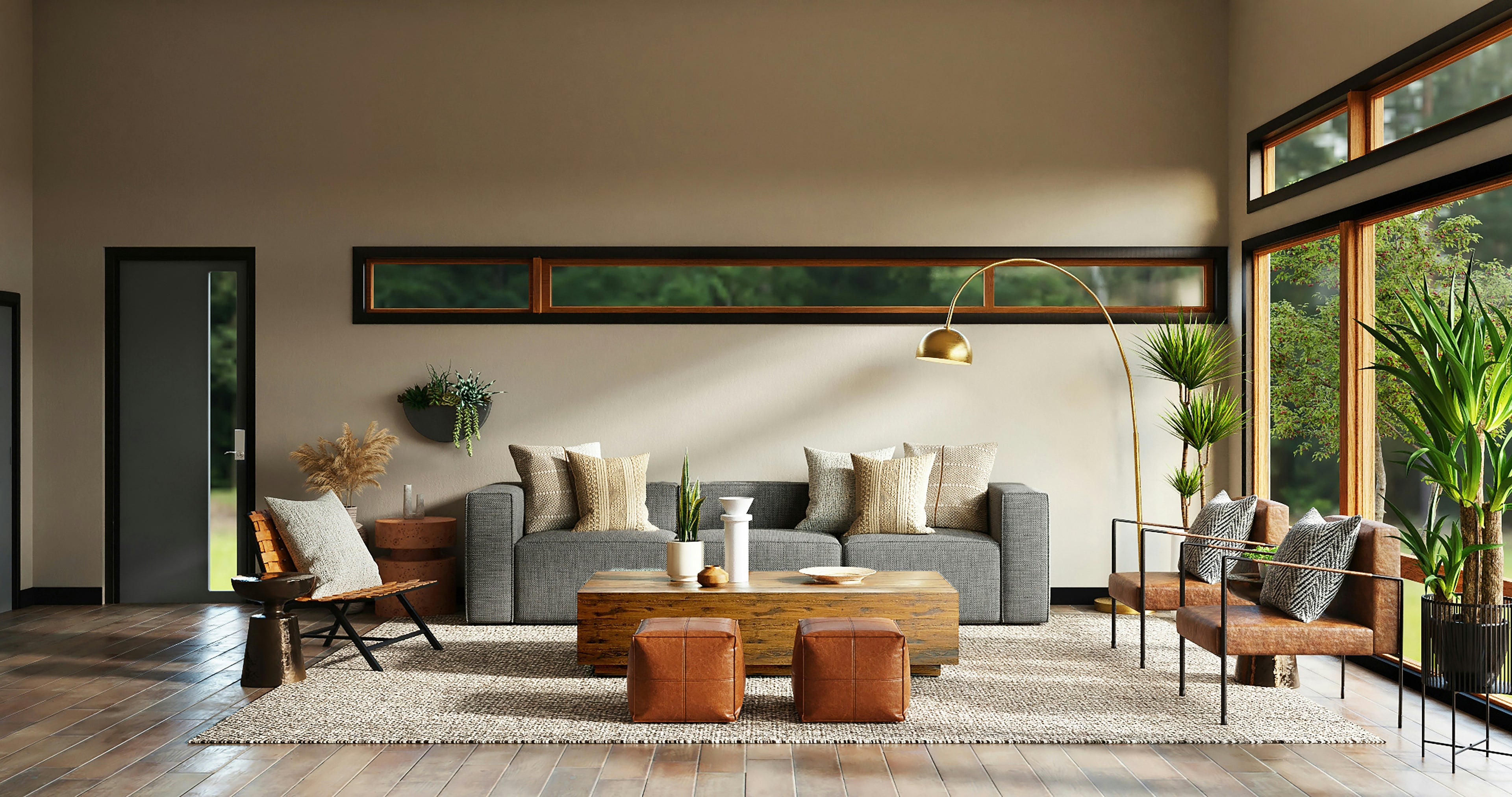 Modern living room with gray sofa, wooden coffee table, and decorative elements by Casa Duah