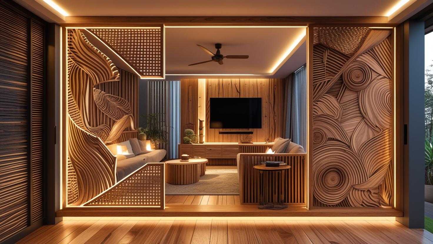 CNC-cut wood panel with layered patterns used as a feature wall – Casa Duah project.