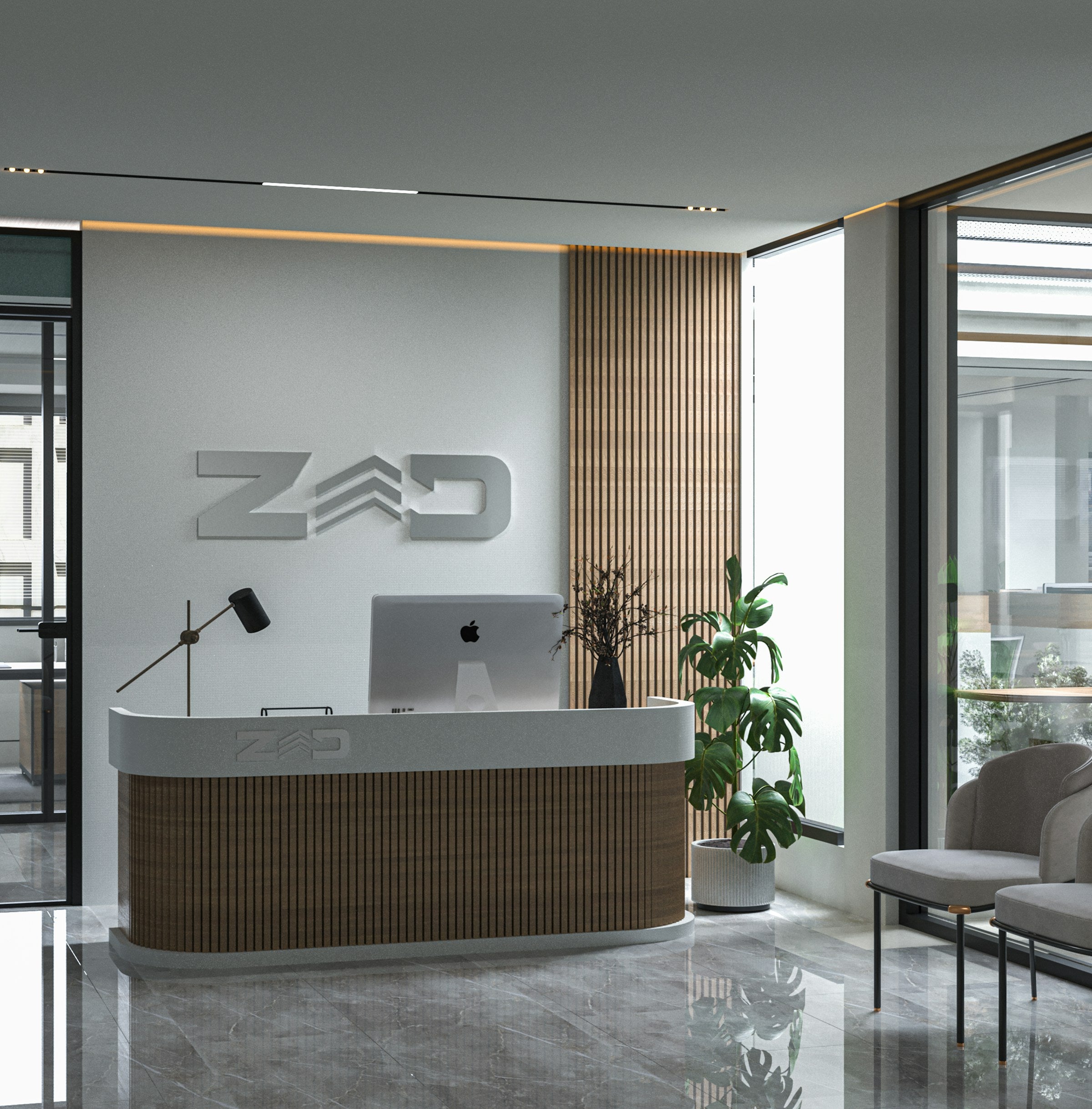 Reception area with custom desk and architectural lighting – Casa Duah office design.